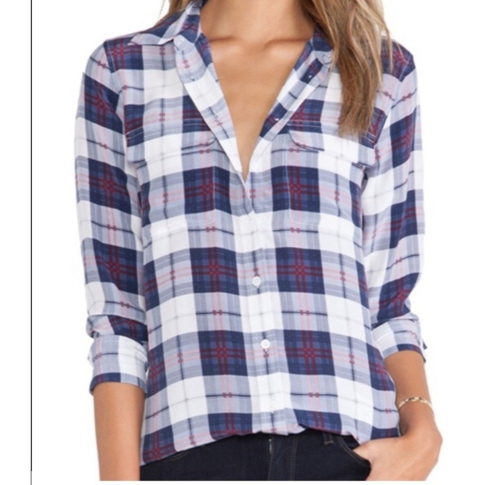 Equipment Femme Women's 100% Silk Blue White Plaid Utility Button Down Blouse S